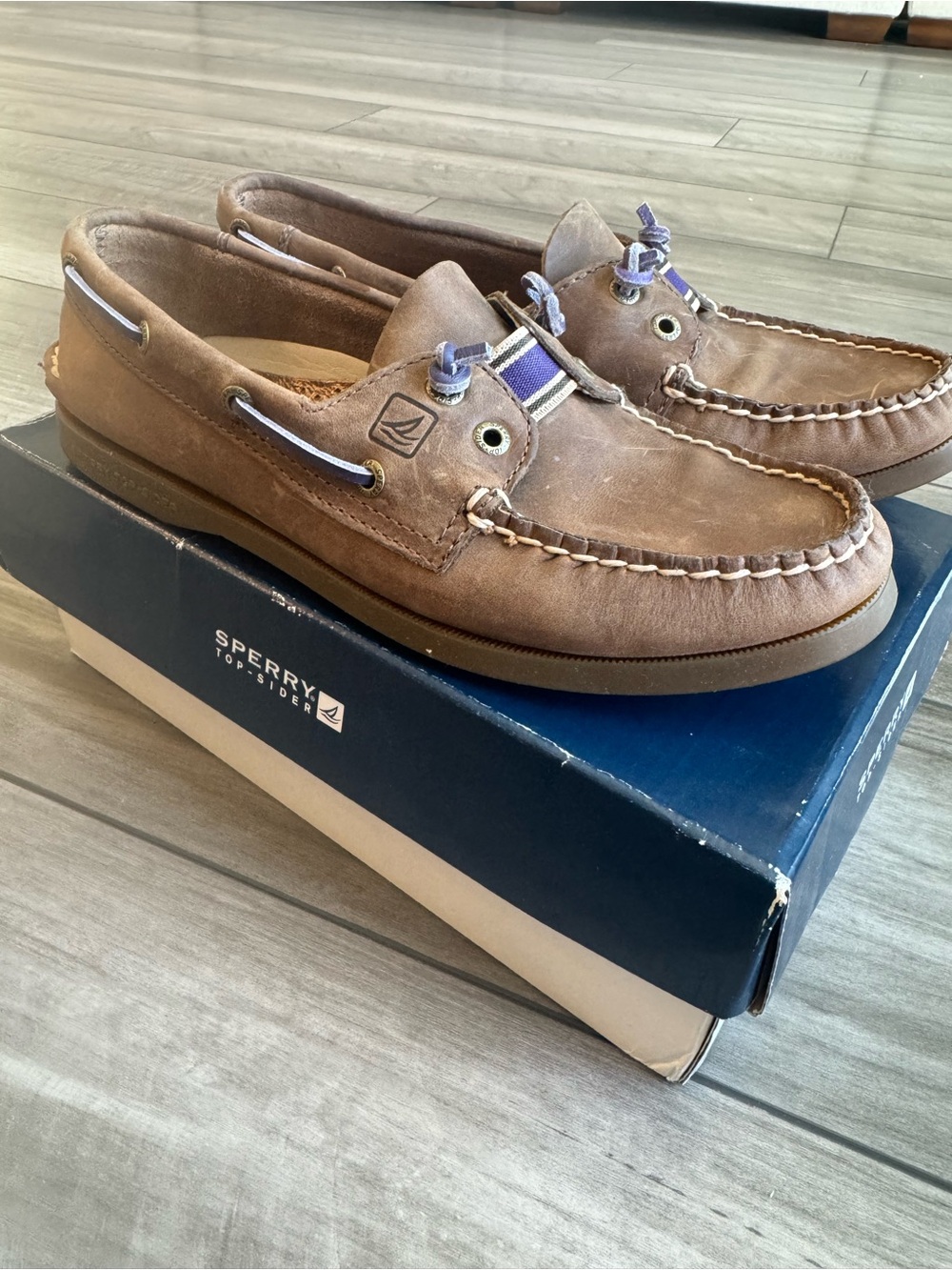 Sperry Brown Leather Classic Boat Shoes with Stripe Lace Detail